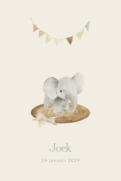 Lief geboortekaartje voor een jongen met olifant knuffel en vlaggetjes