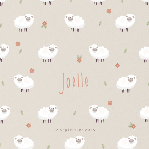 Christelijk geboortekaartje met schapen en bloempjes