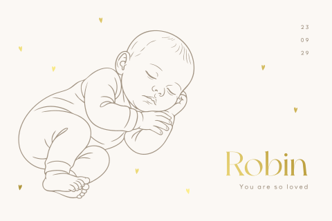 Origineel lijntekening geboortekaartje neutraal met baby en goudfolie
