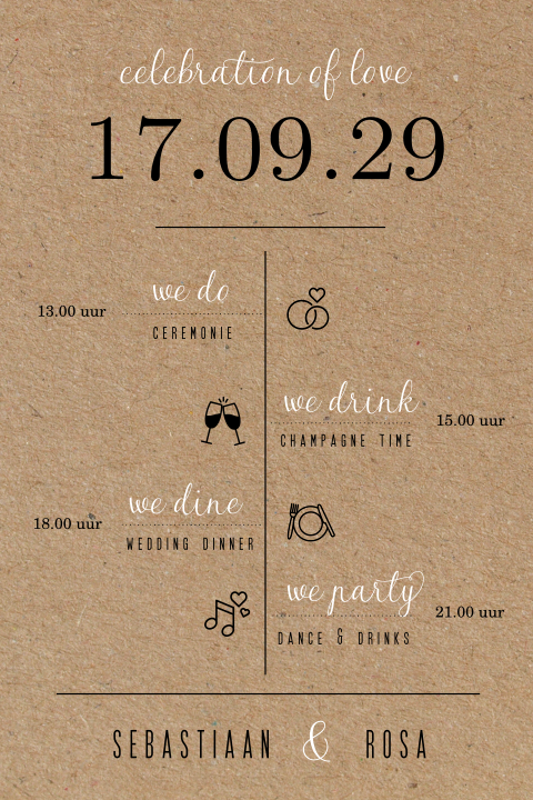 Typografische karton look trouwkaart met tijdlijn en symbolen