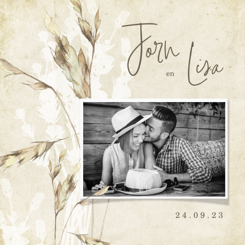 Vintage trouwkaart met foto en droogbloemen