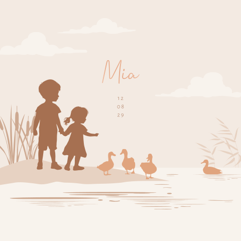 Silhouet geboortekaartje voor een zusje met grote broer en eendjes