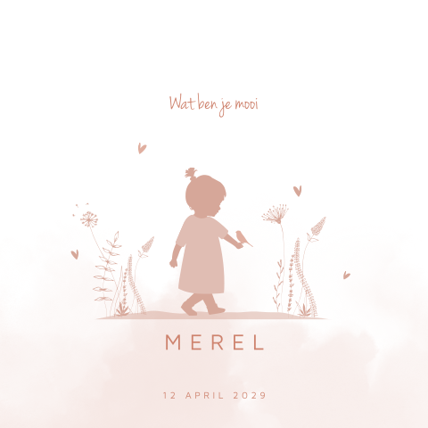Lief silhouet geboortekaartje voor een meisje met bloemen