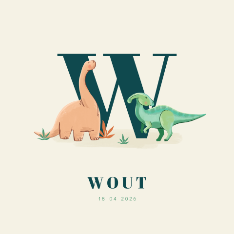 Geboortekaartje dino met voorletter voor een jongen