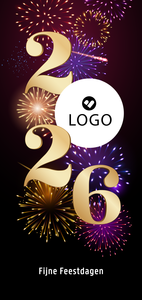 Kerstkaart zakelijk 2026 met vuurwerk, logo en goudlook