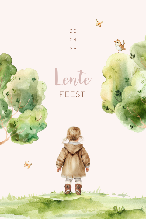 Lentefeest uitnodiging met aquarel kindje en bomen