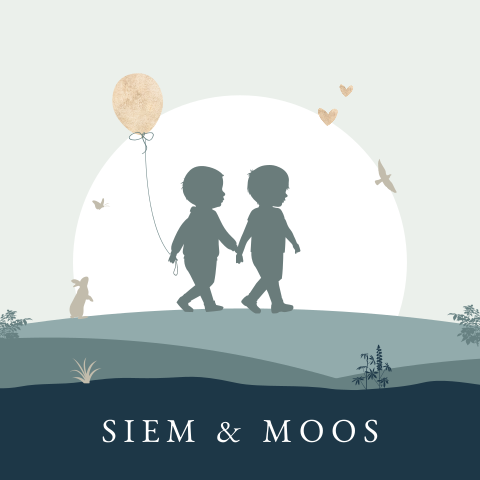 Tweeling jongens geboortekaartje silhouet broers met ballon