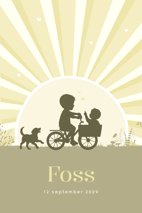 Broertje silhouet geboortekaartje jongen met fiets, hond en zon