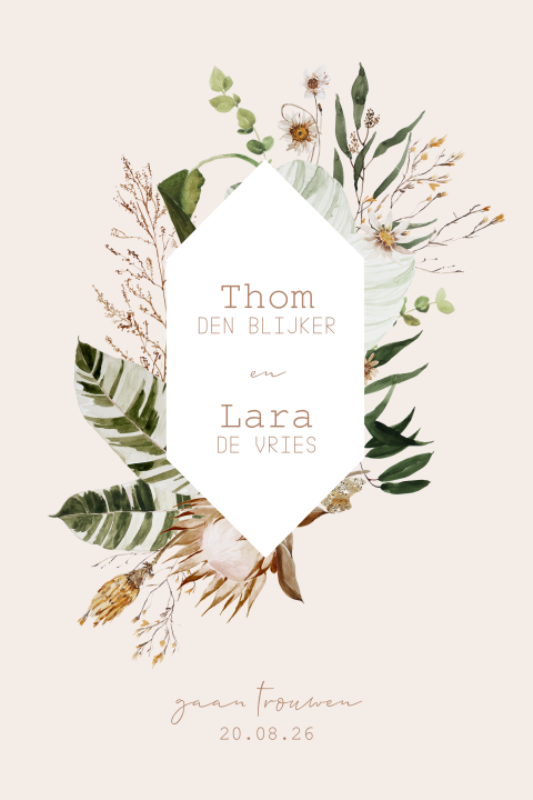 Trouwkaart met ronden hoeken en romantische bloemen