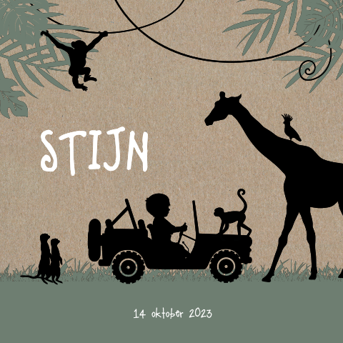 Echt kraft silhouet geboortekaartje jungle dieren