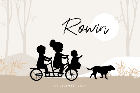 Silhouet broertje met grote zus en broer op fiets geboortekaartje