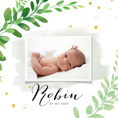 Unisex foto geboortekaartje met botanisch blad