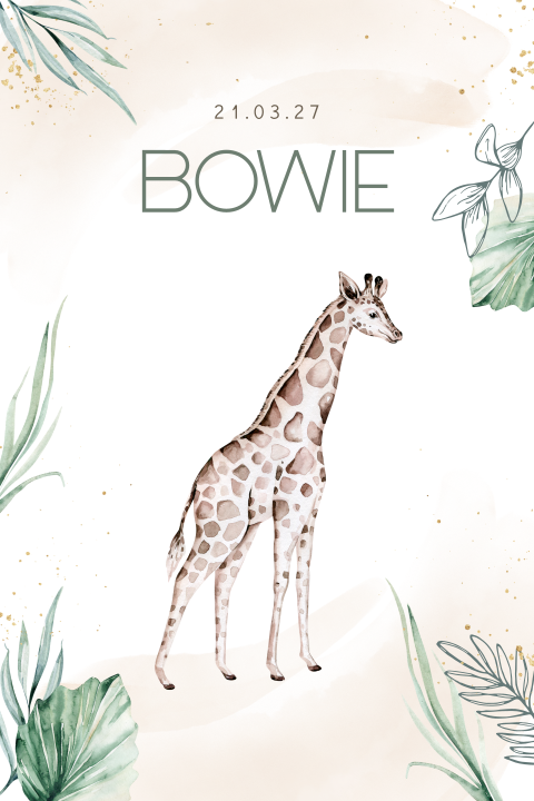 Jungle unisex geboortekaartje met giraffe en jungle bladeren