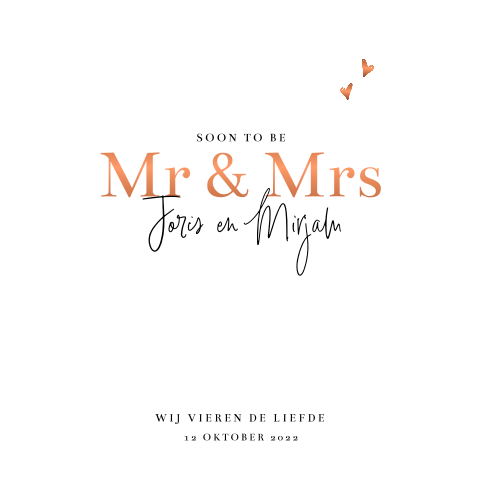 Hippe cleane trouwkaart Mr and Mrs met koper