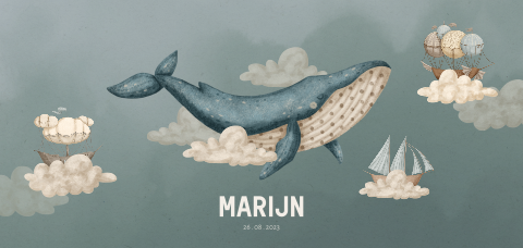Geboortekaartje walvis zwevend tussen wolken en schepen