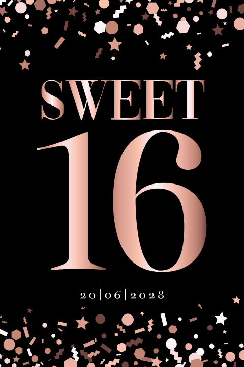 Luxe sweet sixteen uitnodiging met confetti in rose gold