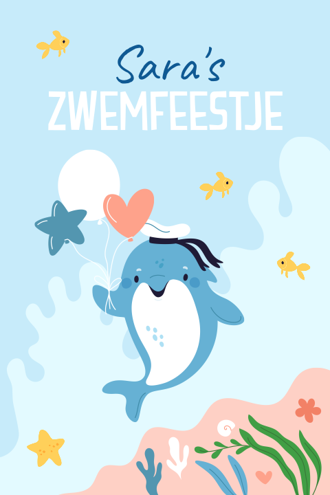 Kinderfeest uitnodiging zwemfeestje met dolfijn