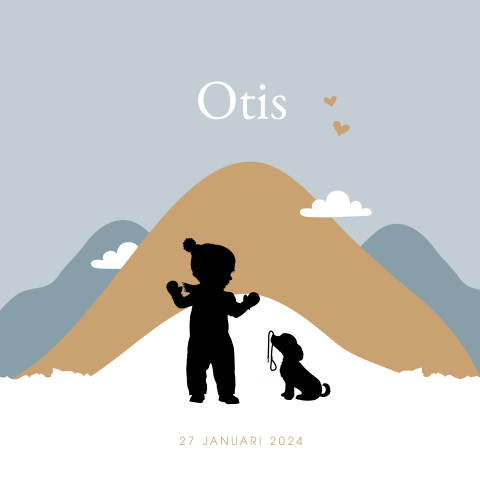 Jongen met hondje in de bergen winters silhouet kaartje