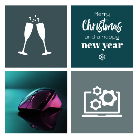 Technologie zakelijke kerstkaart met foto computermuis en champagne