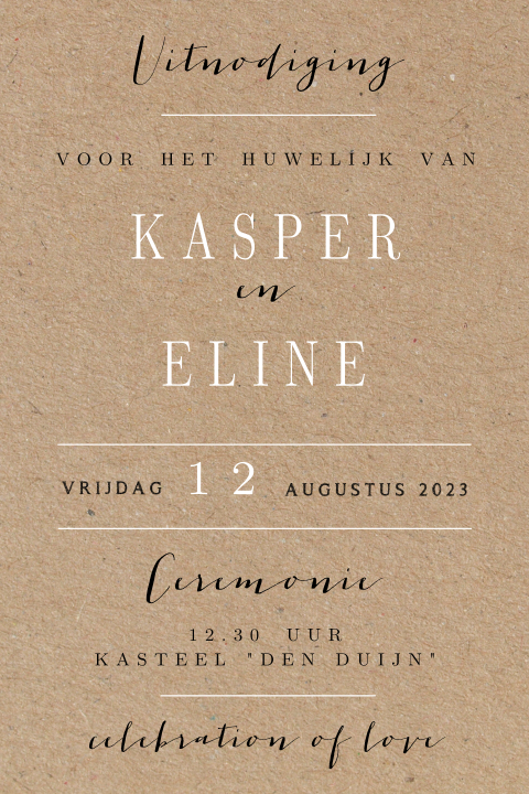 Karton look trouwkaart met typografie en lijnen