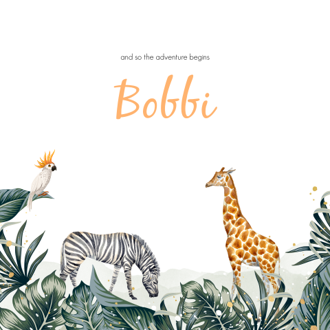 Jungle geboortekaartje met zebra, giraffe en kaketoe