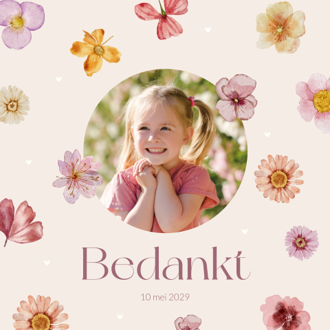Lentefeest bedankkaart met aquarel bloemen, foto en hartjes