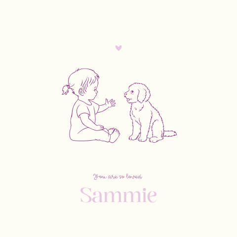 Lijntekening geboortekaartje met meisje met hond
