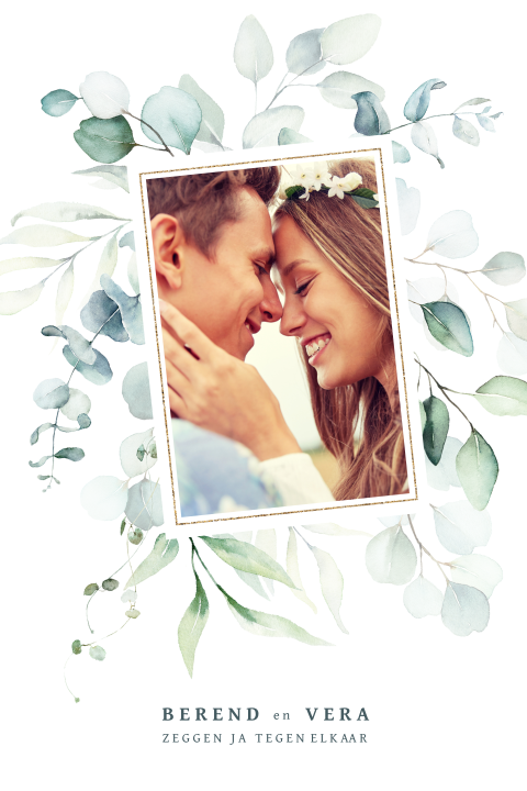 Trouwkaart met eucalyptus fotoframe