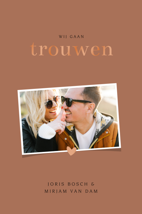 Foto trouwkaart met hoogglans en bronskleur