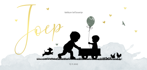 Silhouet geboortekaartje goudfolie voor 2e kindje