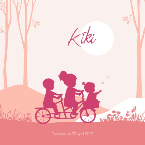 Silhouet zusje op fiets geboortekaartje voor een meisje