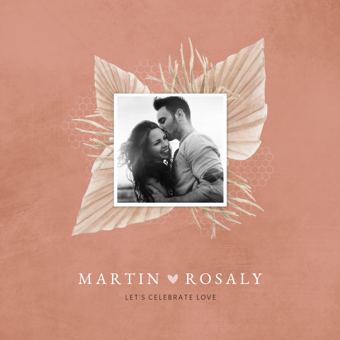 Stijlvolle vintage trouwkaart met foto en droogbloemen