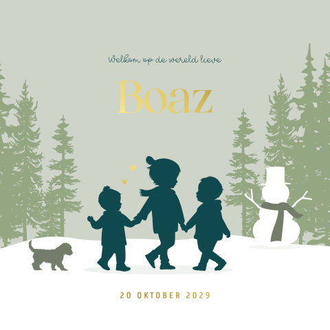 Broertje geboortekaartje winter met silhouet, sneeuwpop en goudfolie