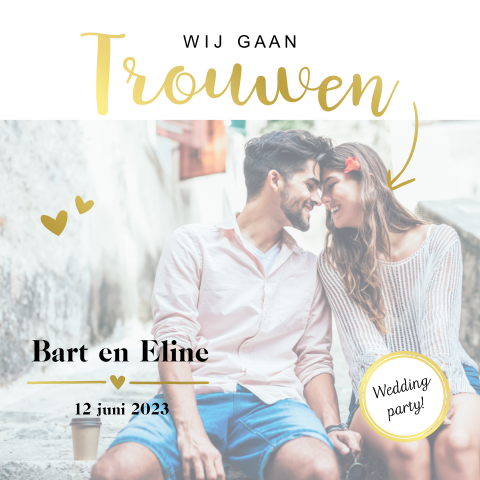 Luxe magazine trouwkaart met goudfolie en foto