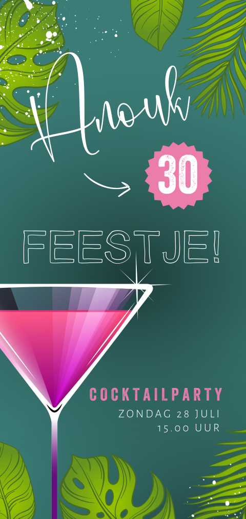 Hippe uitnodiging met cocktailglas en botanische bladeren