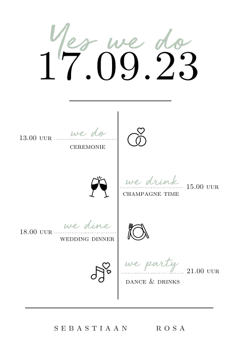 Typografische trouwkaart Trendy Tijdlijn met tijdlijn en symbolen