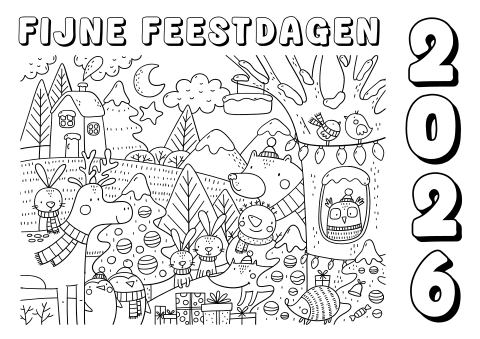 Fijne feestdagen 2026 placemat zelf inkleuren