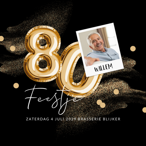 Feestelijke 80 jaar uitnodiging met cijfer ballon en foto