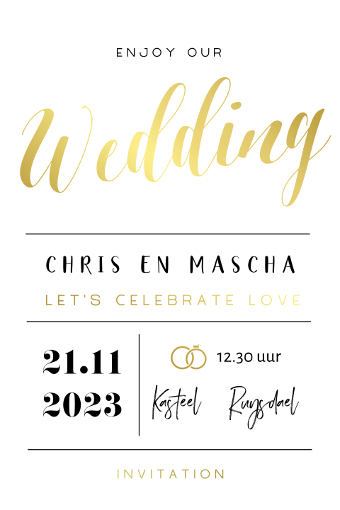 Luxe trouwkaart met goudfolie en handlettering