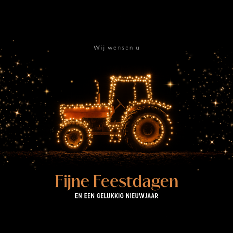 Zakelijke kerstkaart met tractor met kerstverlichting en logo
