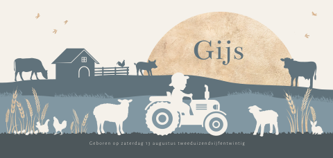 Silhouet kaartje met jongen op tractor en boerderij dieren