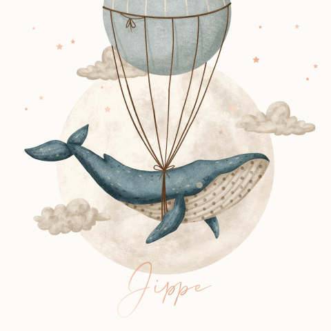 Magisch geboortekaartje voor een jongen met zwevende walvis