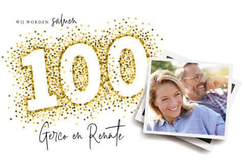Samen 100 jaar uitnodiging met foto en gouden confetti
