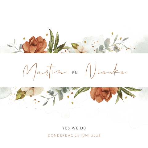 Rustige trouwkaart met stijlvolle aquarel bloemen