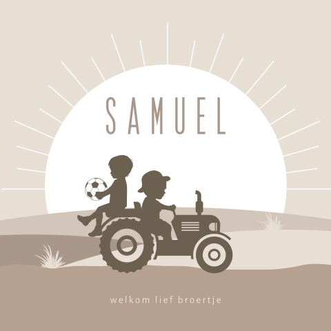 Geboortekaartje silhouet voor een jongen met een broertje en trekker