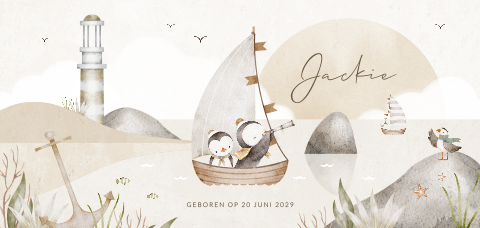 Unisex broertje of zusje geboortekaartje met zee en pinguïns op bootje