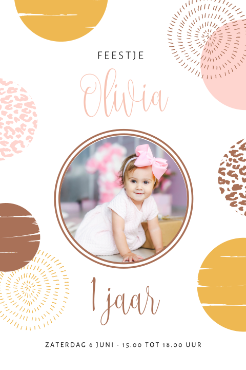 Uitnodiging kinderfeest 1 jaar met foto en patroon van cirkels