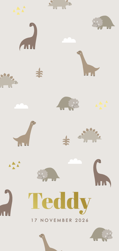 Unisex dino geboortekaartje met patroon dinosaurussen en goudfolie