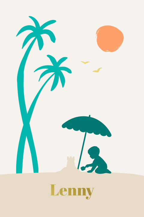 Zomers silhouet geboortekaartje voor een jongen op strand met folie