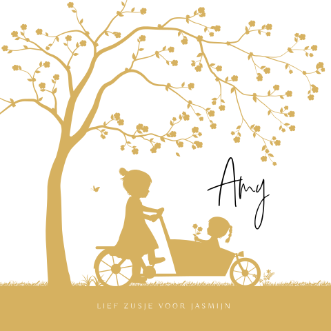 2 zusjes op bakfiets silhouet geboortekaartje